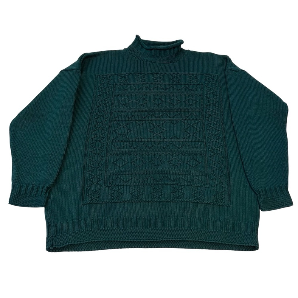 Vintage Forest Green Knit Sweater‎ Mock Neck Geometric Pattern Made in USA